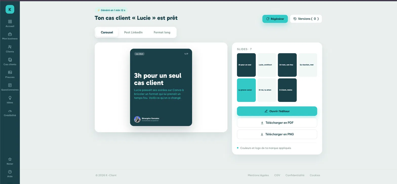 Aperçu de K-Client : un cas client généré en carrousel, post LinkedIn et format long